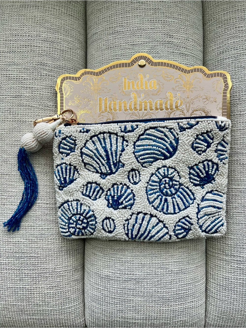 Handmade Beaded Shell Pattern Pouch in White and Blue